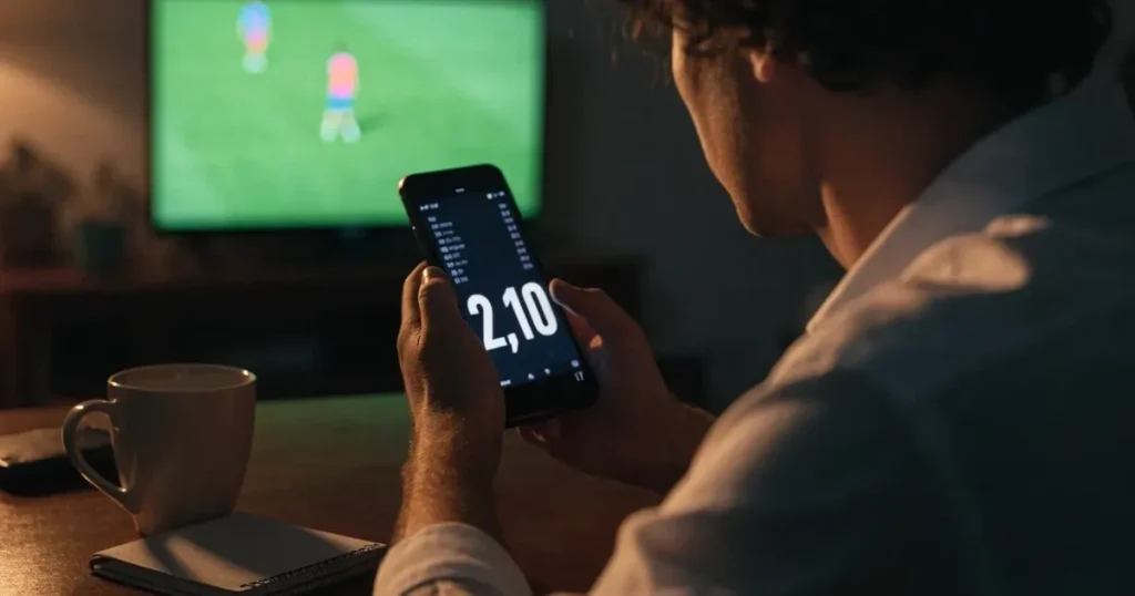 Un tabellone elettronico di uno stadio con il risultato a metà del secondo tempo, visto dalle tribune