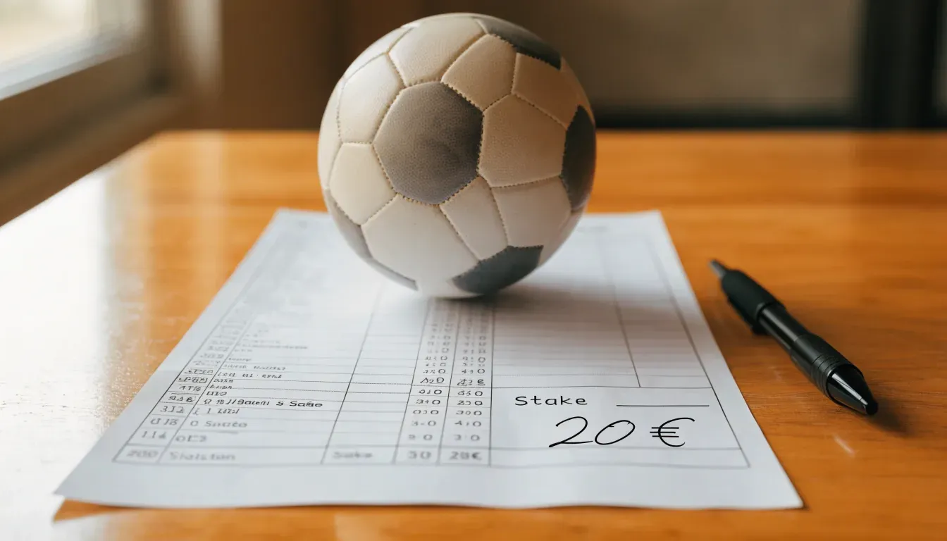 Un pallone da calcio appoggiato su una schedina bianca su un tavolo di legno, alla luce del giorno