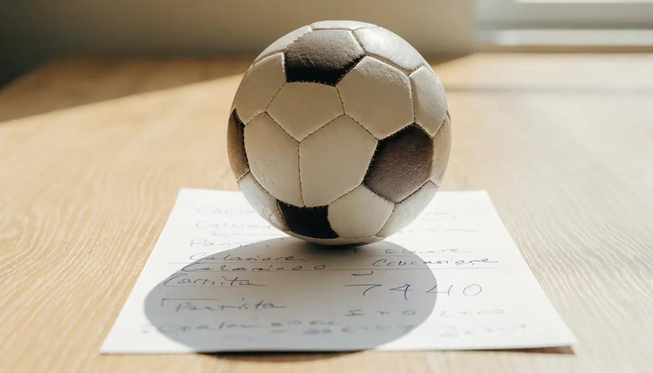 Un pallone da calcio appoggiato su una schedina bianca su un tavolo di legno, alla luce del giorno