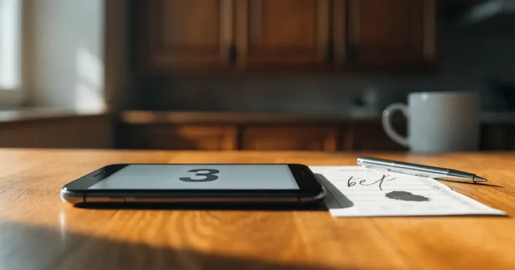 Un documento di identità appoggiato accanto a uno smartphone con un timer sullo schermo, su un tavolo da cucina