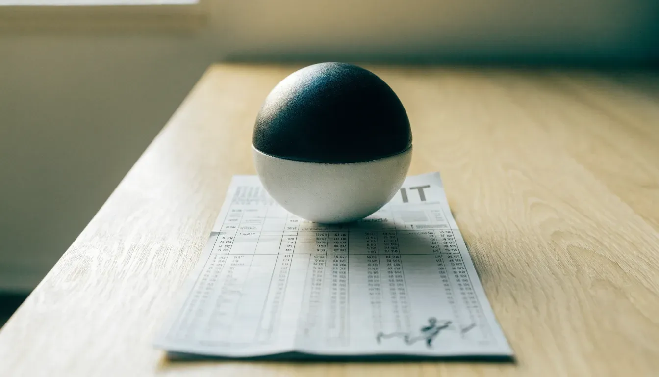 Un pallone da calcio appoggiato su una schedina bianca su un tavolo di legno, alla luce del giorno