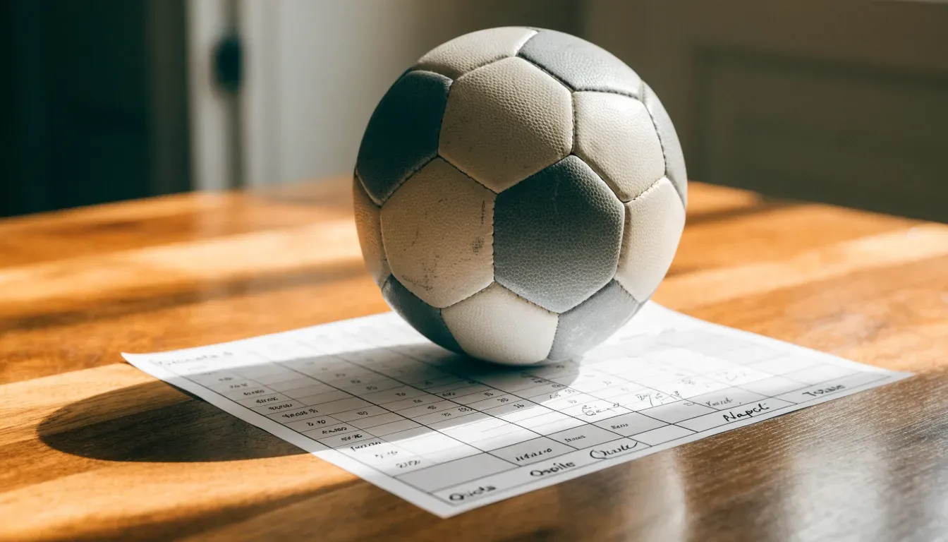 Un pallone da calcio appoggiato su una schedina bianca su un tavolo di legno, alla luce del giorno