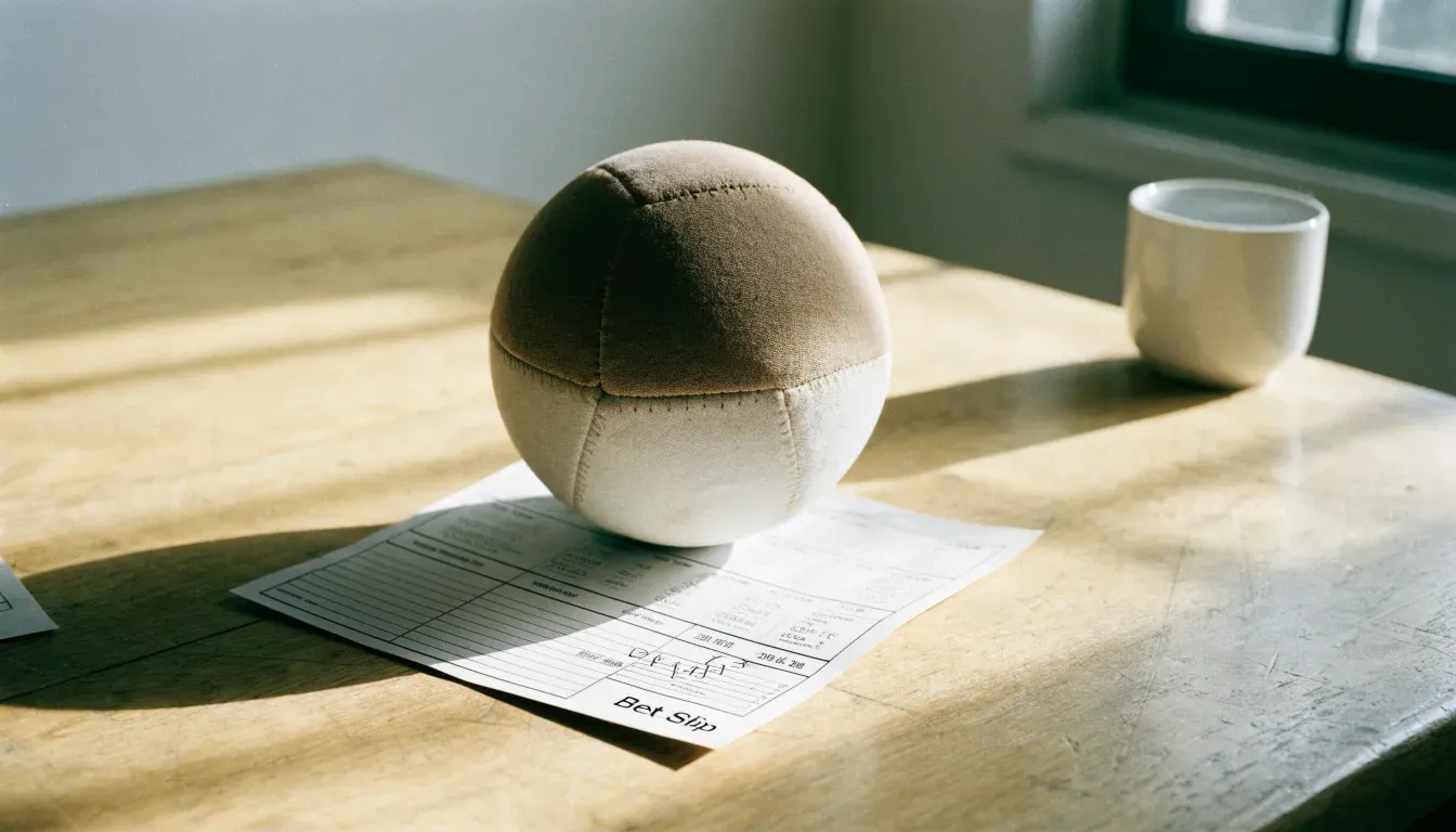 Un pallone da calcio appoggiato su una schedina bianca su un tavolo di legno, alla luce del giorno