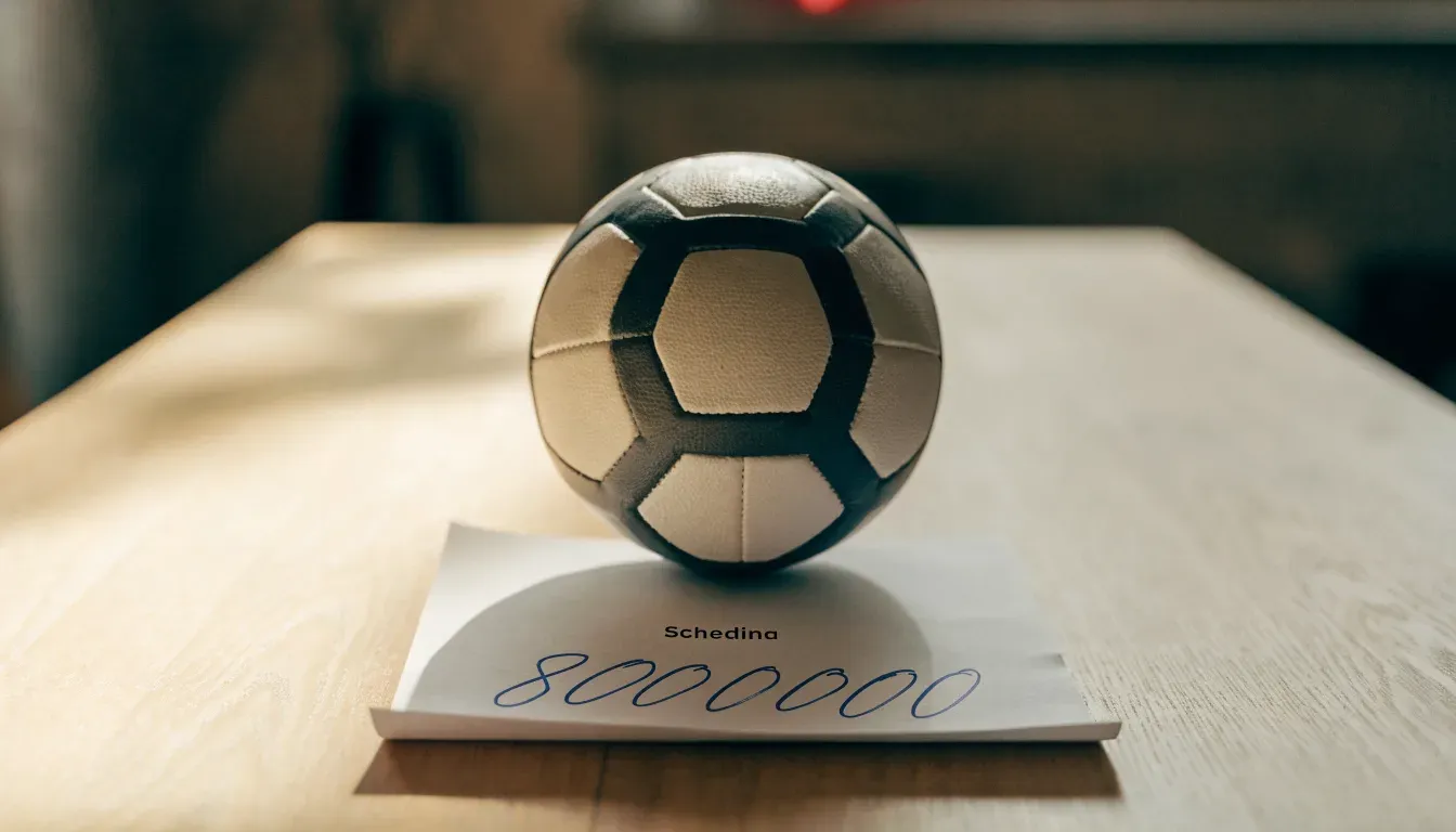 Un pallone da calcio appoggiato su una schedina bianca su un tavolo di legno, alla luce del giorno