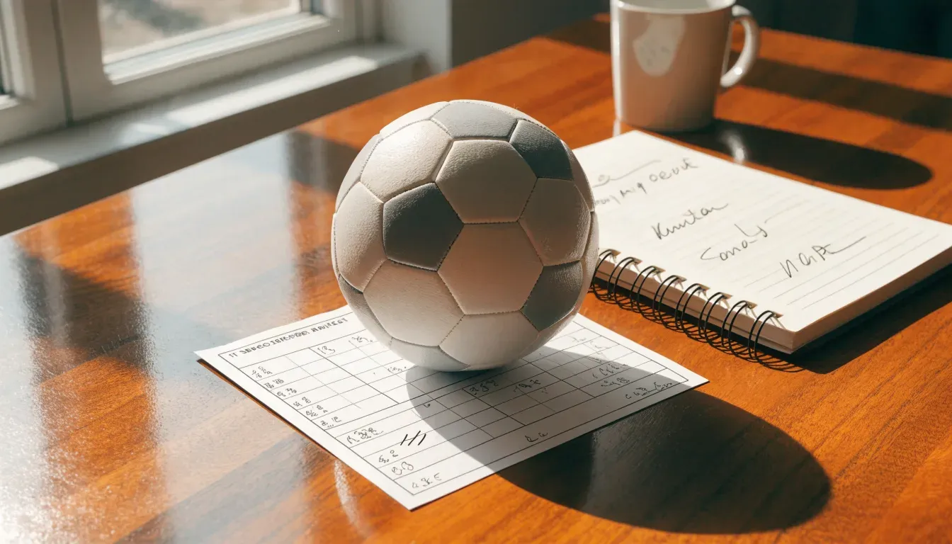 Un pallone da calcio appoggiato su una schedina bianca su un tavolo di legno, alla luce del giorno