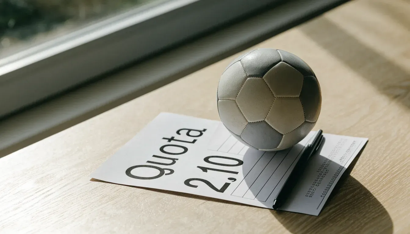 Un pallone da calcio appoggiato su una schedina bianca su un tavolo di legno, alla luce del giorno