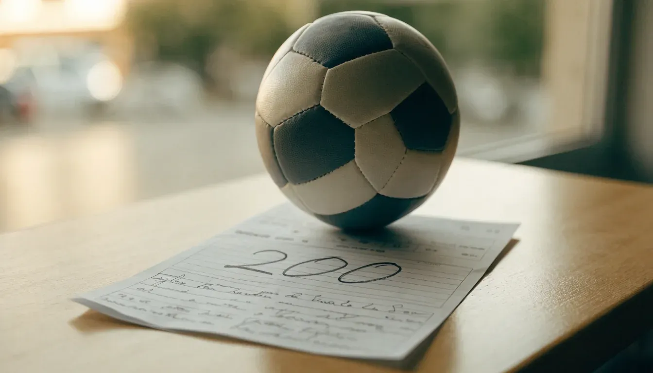 Un pallone da calcio appoggiato su una schedina bianca su un tavolo di legno, alla luce del giorno