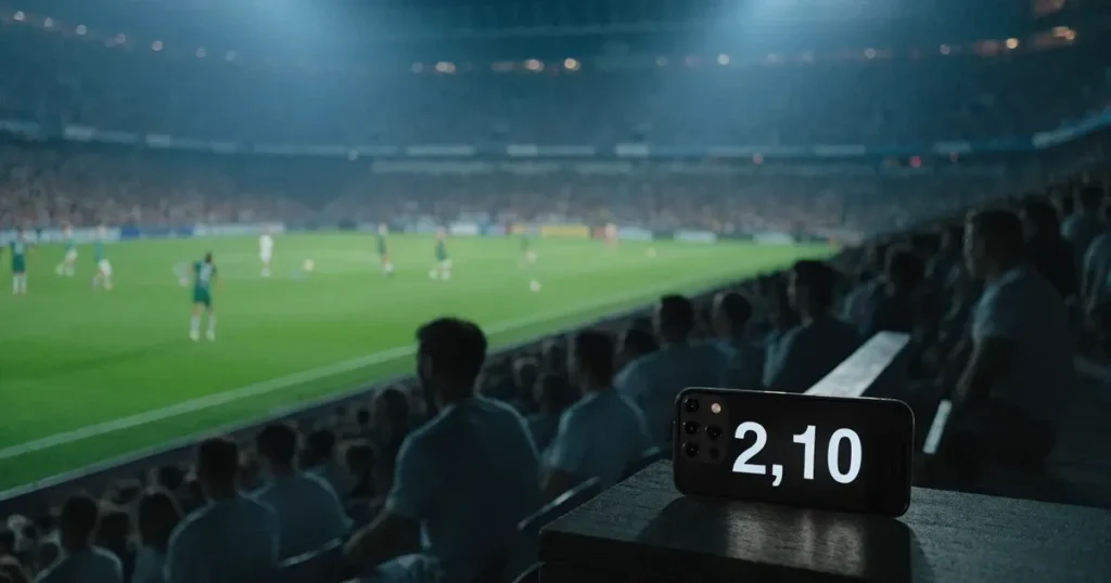 Un tabellone elettronico di uno stadio con il risultato a metà del secondo tempo, visto dalle tribune