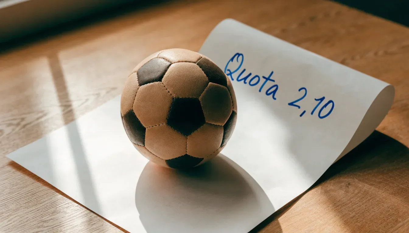 Un pallone da calcio appoggiato su una schedina bianca su un tavolo di legno, alla luce del giorno