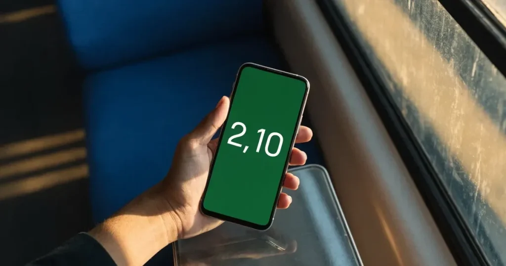 Una mano che tiene uno smartphone con una scommessa sullo schermo, su un treno nel tardo pomeriggio