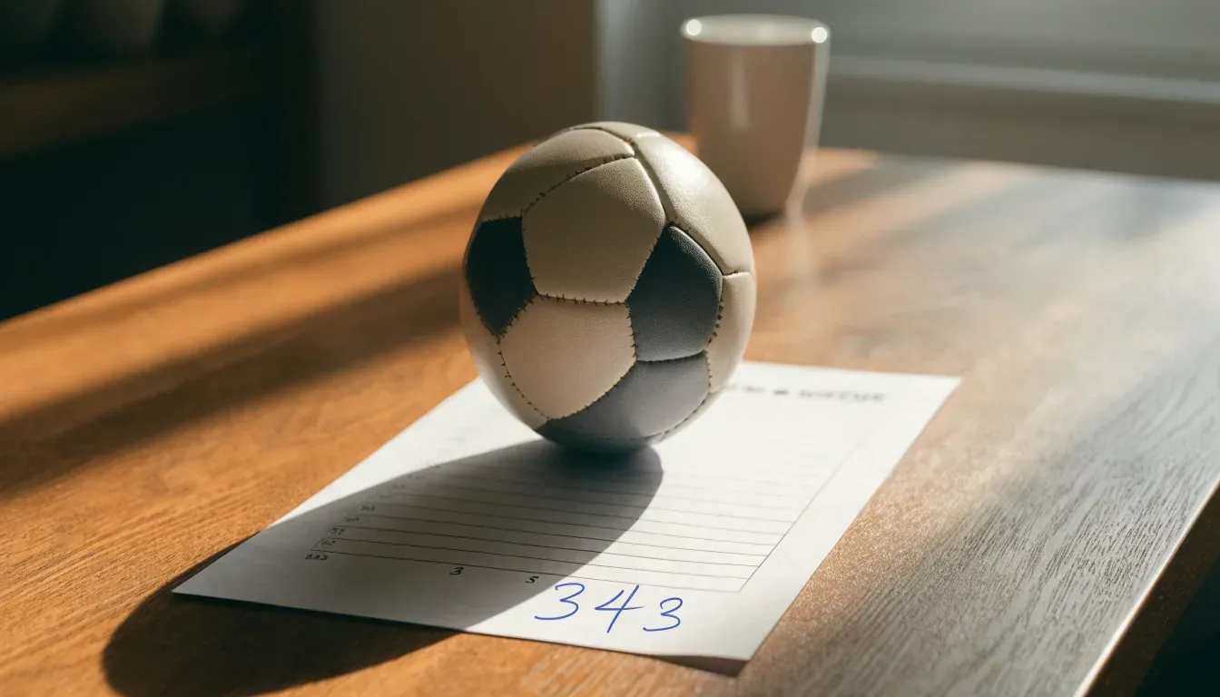 Un pallone da calcio appoggiato su una schedina bianca su un tavolo di legno, alla luce del giorno
