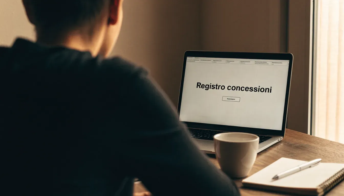 Un foglio di concessione in carta con un timbro rosso, appoggiato su una scrivania di legno accanto a una penna