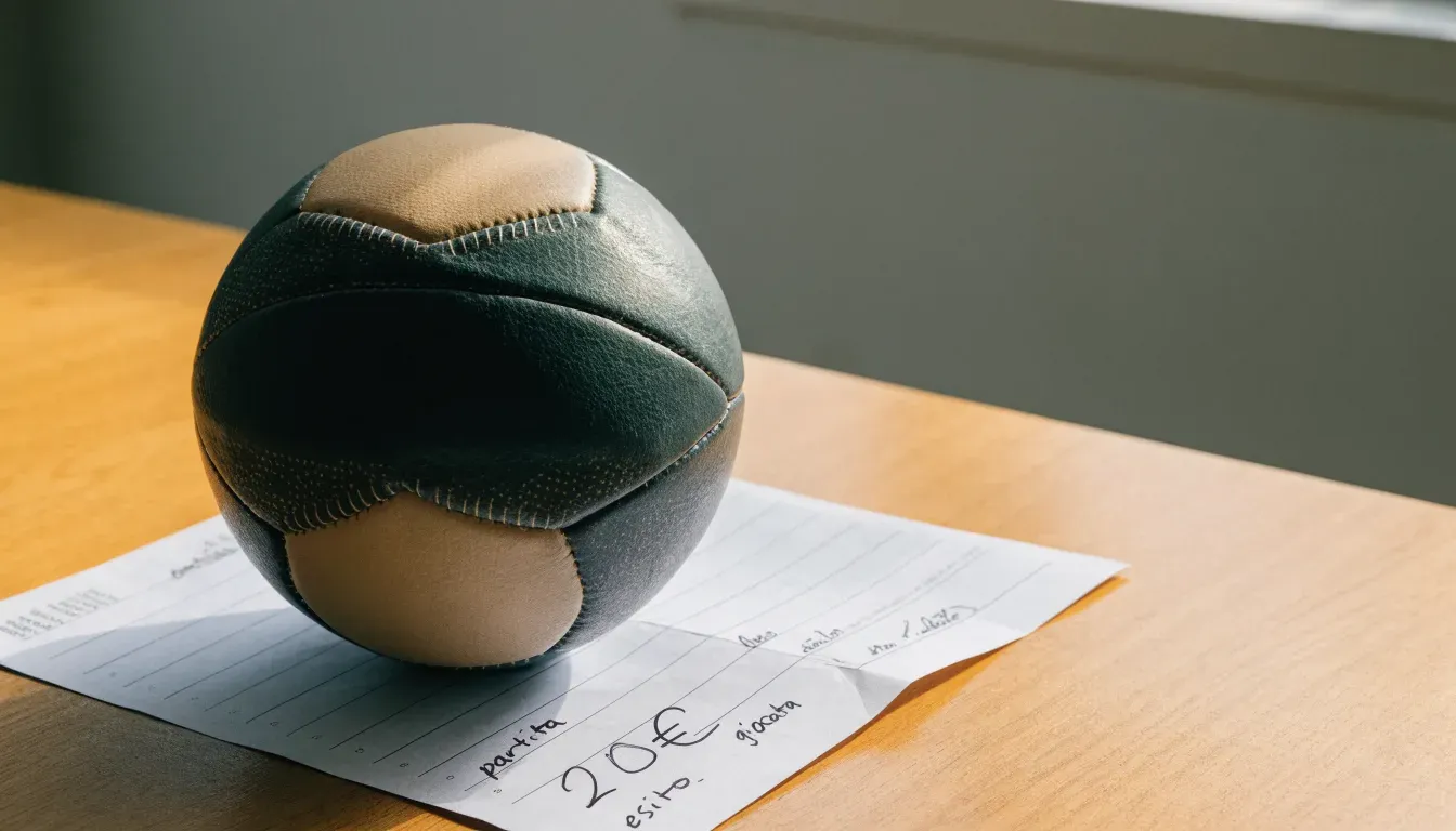 Un pallone da calcio appoggiato su una schedina bianca su un tavolo di legno, alla luce del giorno