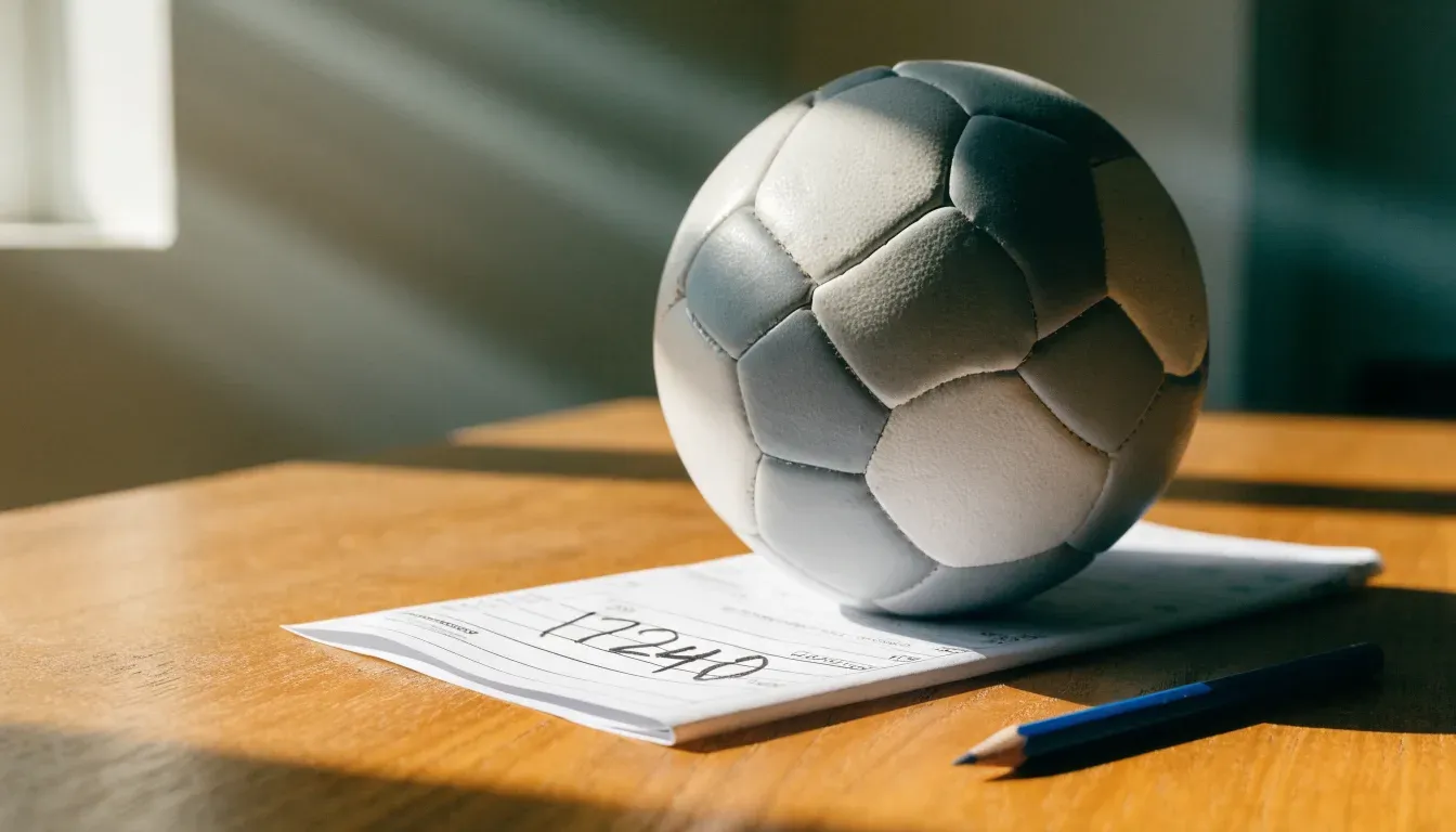 Un pallone da calcio appoggiato su una schedina bianca su un tavolo di legno, alla luce del giorno