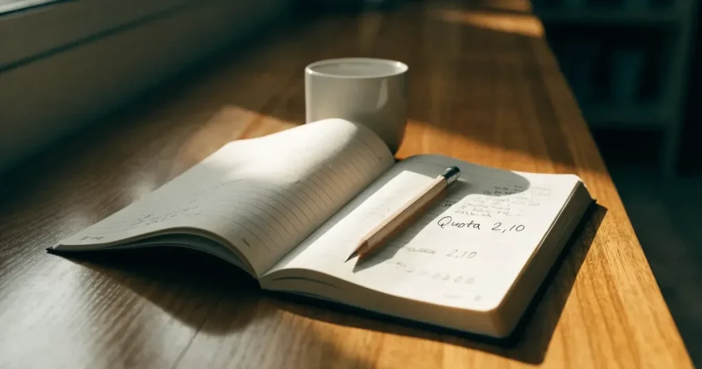 Un quaderno aperto con quote scritte a mano, una calcolatrice e una matita su un tavolo di legno