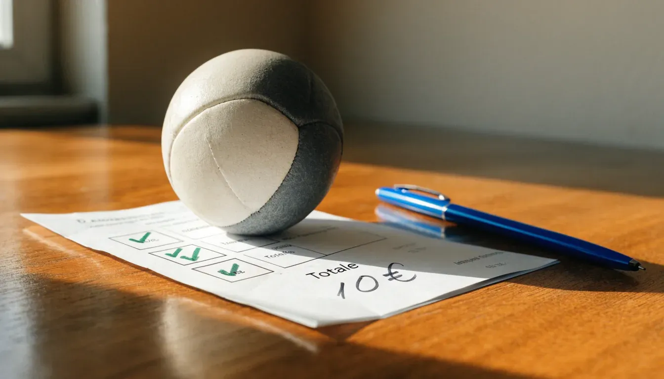 Un pallone da calcio appoggiato su una schedina bianca su un tavolo di legno, alla luce del giorno