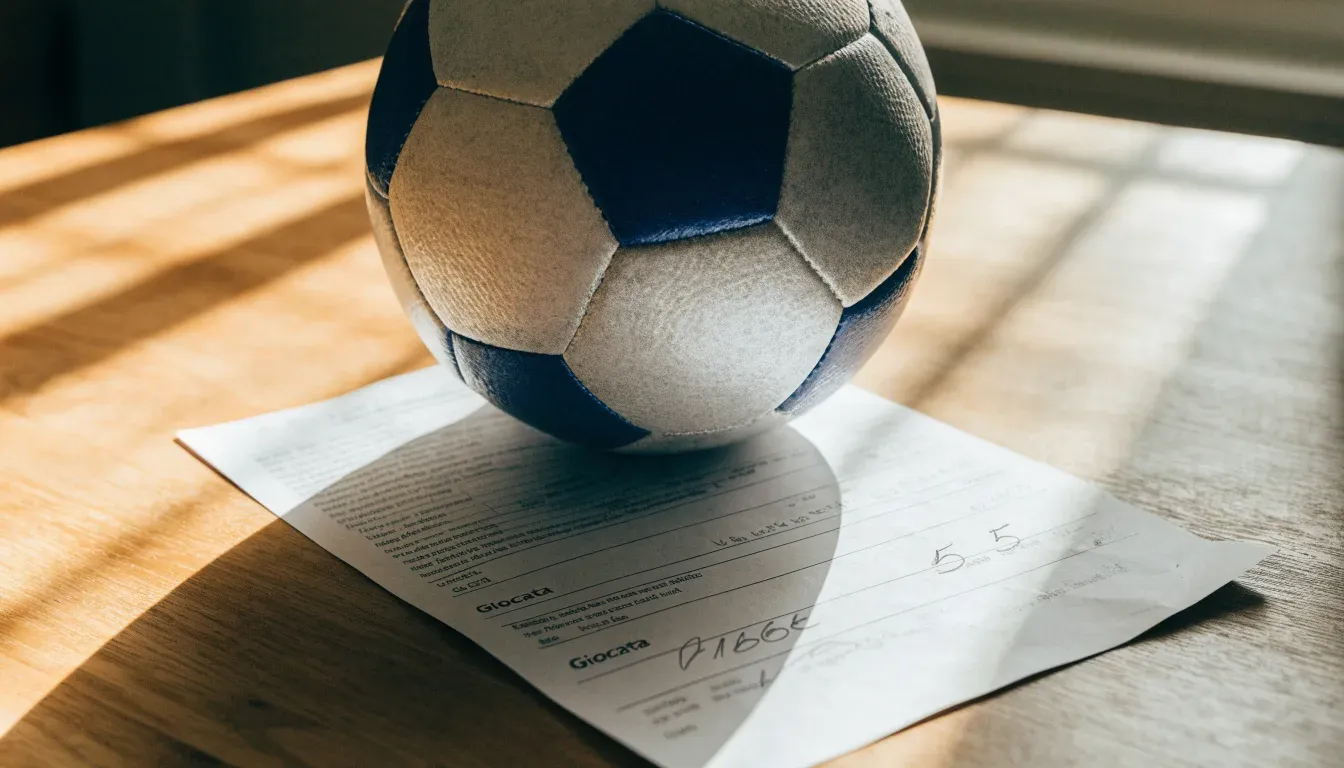 Un pallone da calcio appoggiato su una schedina bianca su un tavolo di legno, alla luce del giorno