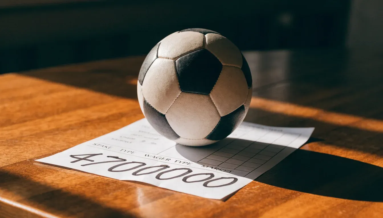 Un pallone da calcio appoggiato su una schedina bianca su un tavolo di legno, alla luce del giorno