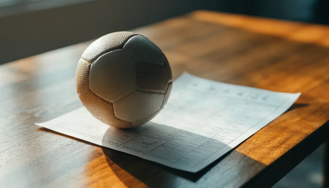 Un pallone da calcio appoggiato su una schedina bianca su un tavolo di legno, alla luce del giorno