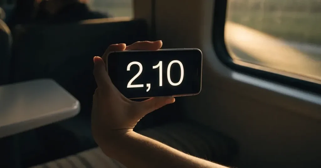 Una mano che tiene uno smartphone con una scommessa sullo schermo, su un treno nel tardo pomeriggio