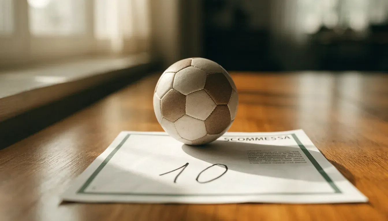 Un pallone da calcio appoggiato su una schedina bianca su un tavolo di legno, alla luce del giorno