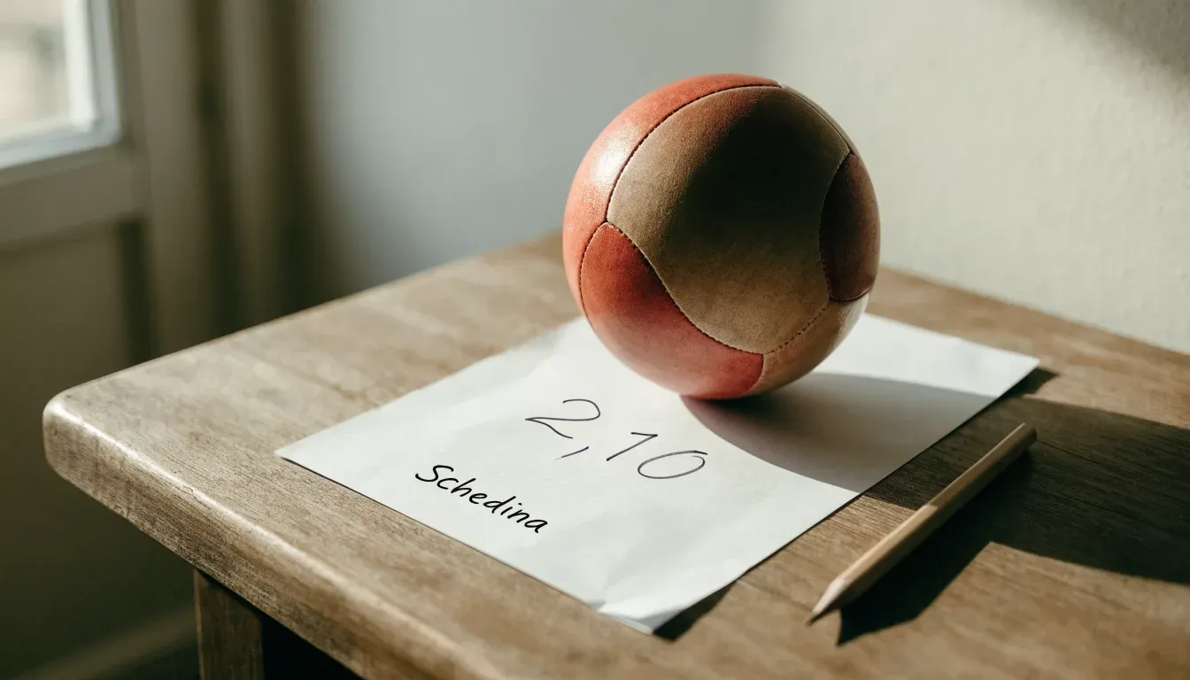 Un pallone da calcio appoggiato su una schedina bianca su un tavolo di legno, alla luce del giorno