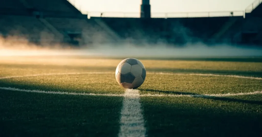 Un pallone da calcio sul dischetto del centrocampo di un prato, alla luce del mattino