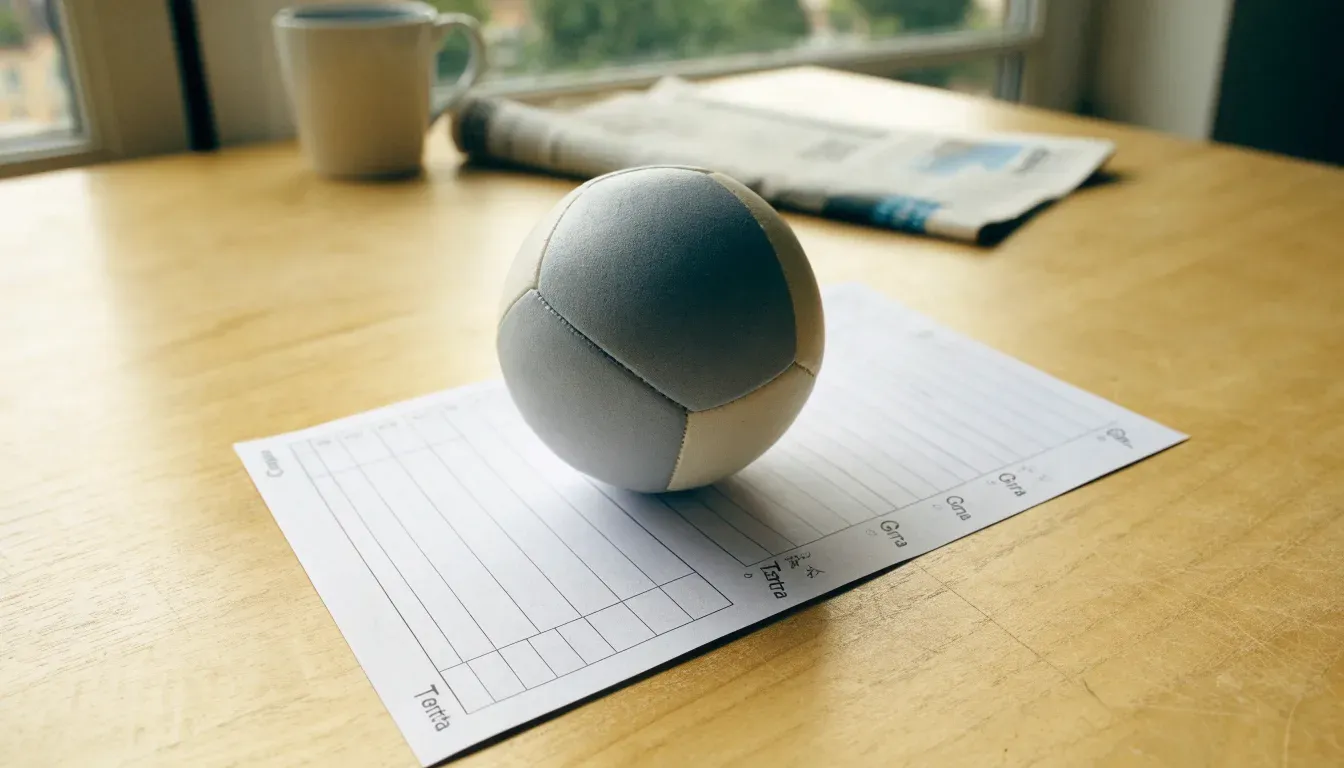 Un pallone da calcio appoggiato su una schedina bianca su un tavolo di legno, alla luce del giorno