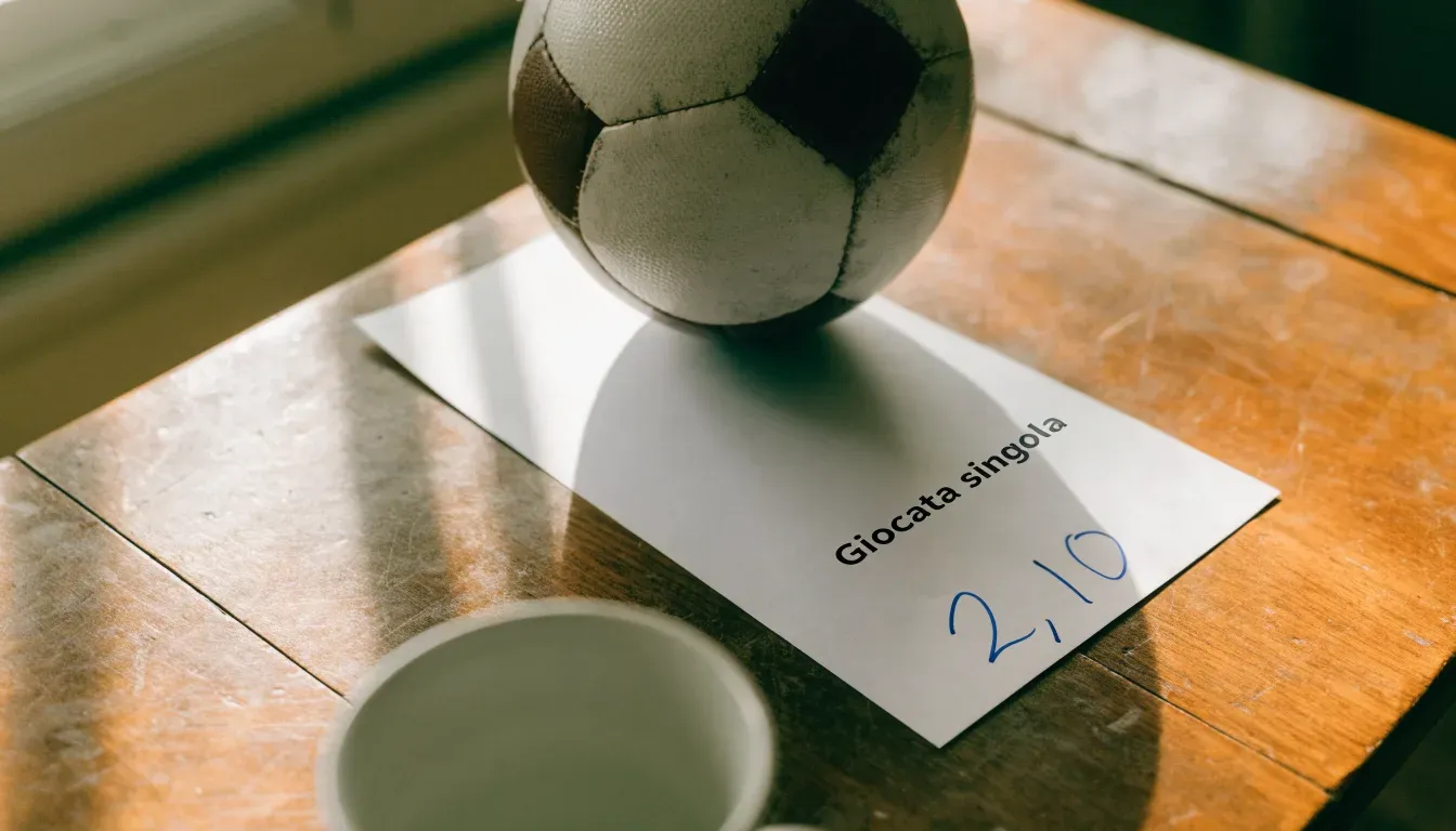 Un pallone da calcio appoggiato su una schedina bianca su un tavolo di legno, alla luce del giorno