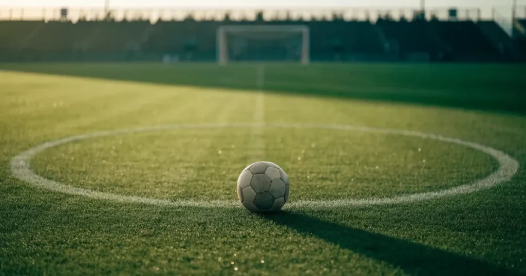 Un pallone da calcio sul dischetto del centrocampo di un prato, alla luce del mattino