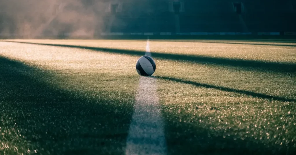 Un pallone da calcio sul dischetto del centrocampo di un prato, alla luce del mattino