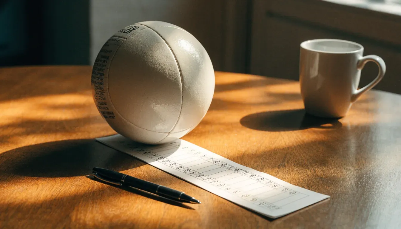 Un pallone da calcio appoggiato su una schedina bianca su un tavolo di legno, alla luce del giorno