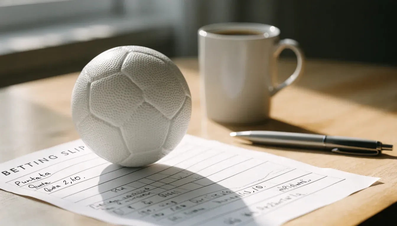 Un pallone da calcio appoggiato su una schedina bianca su un tavolo di legno, alla luce del giorno