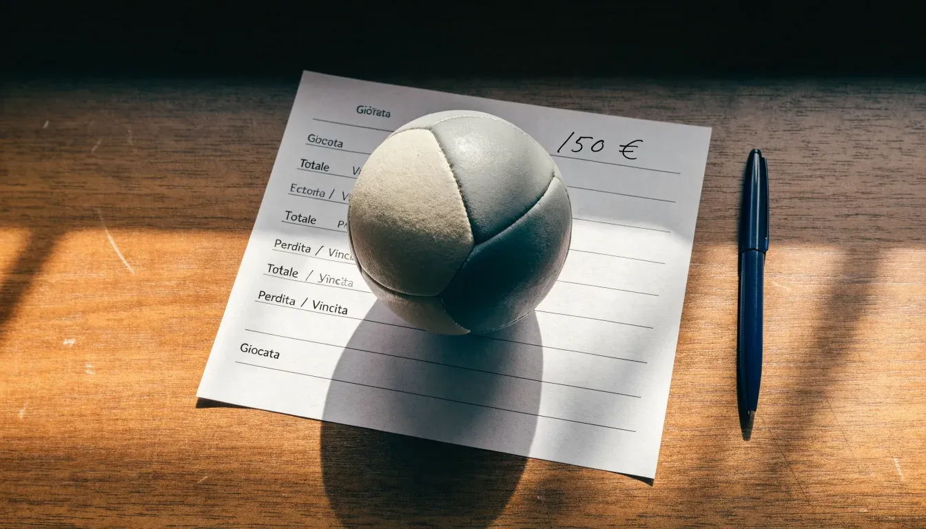 Un pallone da calcio appoggiato su una schedina bianca su un tavolo di legno, alla luce del giorno