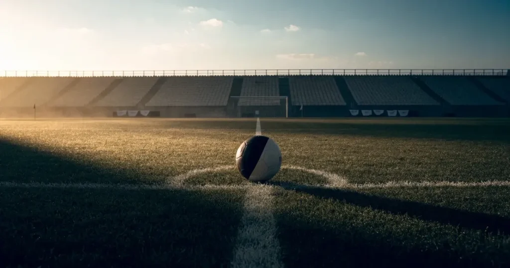 Un pallone da calcio sul dischetto del centrocampo di un prato, alla luce del mattino