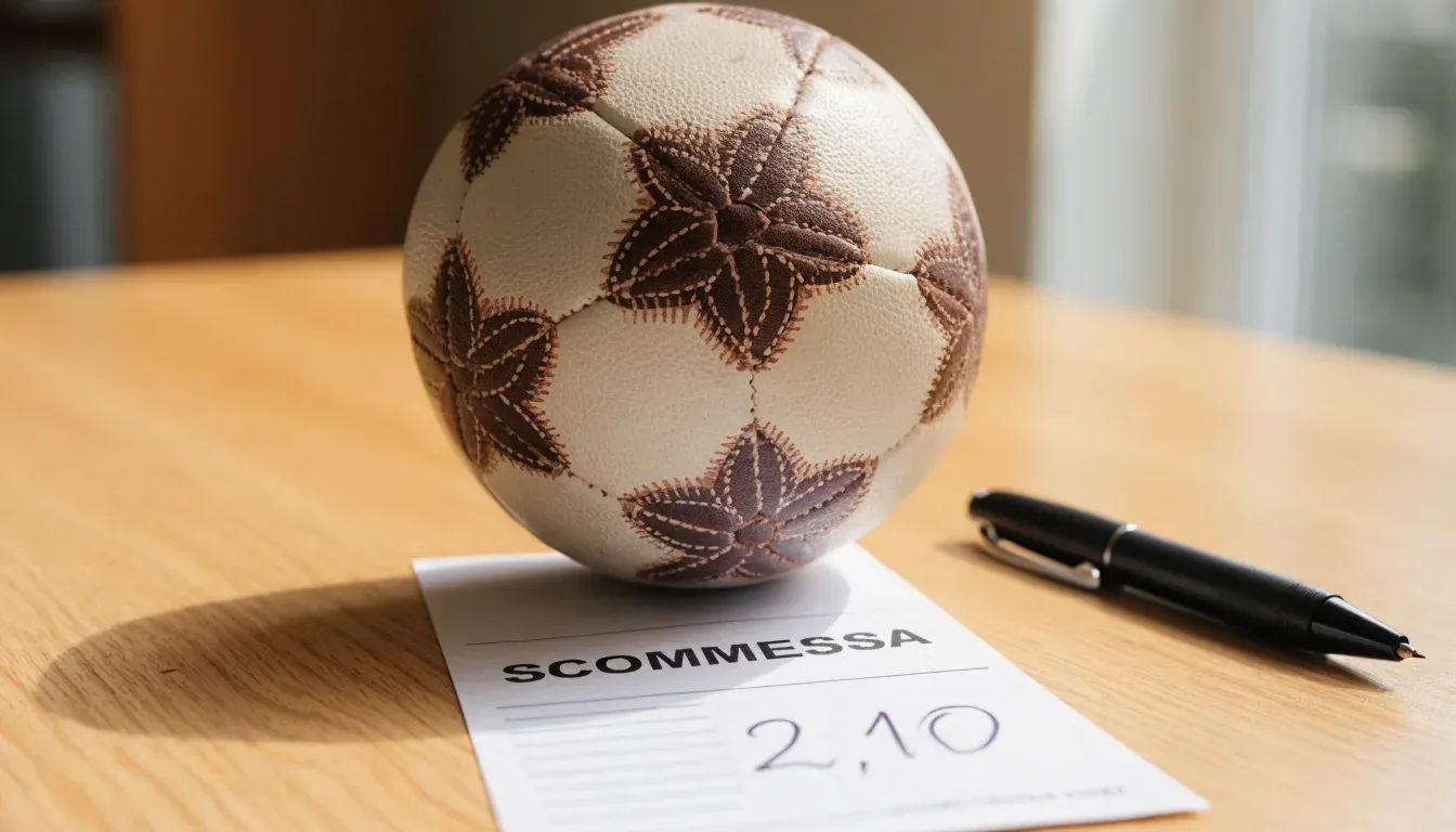 Un pallone da calcio appoggiato su una schedina bianca su un tavolo di legno, alla luce del giorno