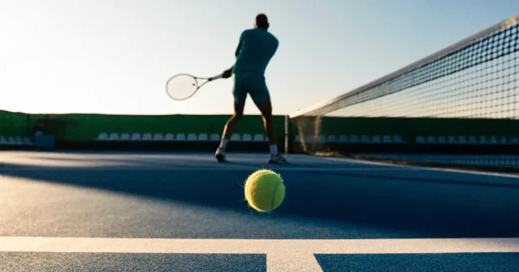 Un pallone da calcio sul dischetto del centrocampo di un prato, alla luce del mattino