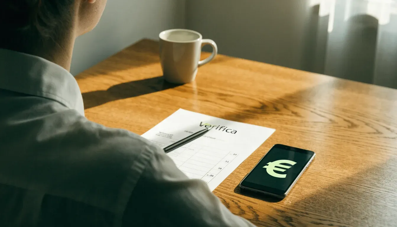 Un foglio di concessione in carta con un timbro rosso, appoggiato su una scrivania di legno accanto a una penna