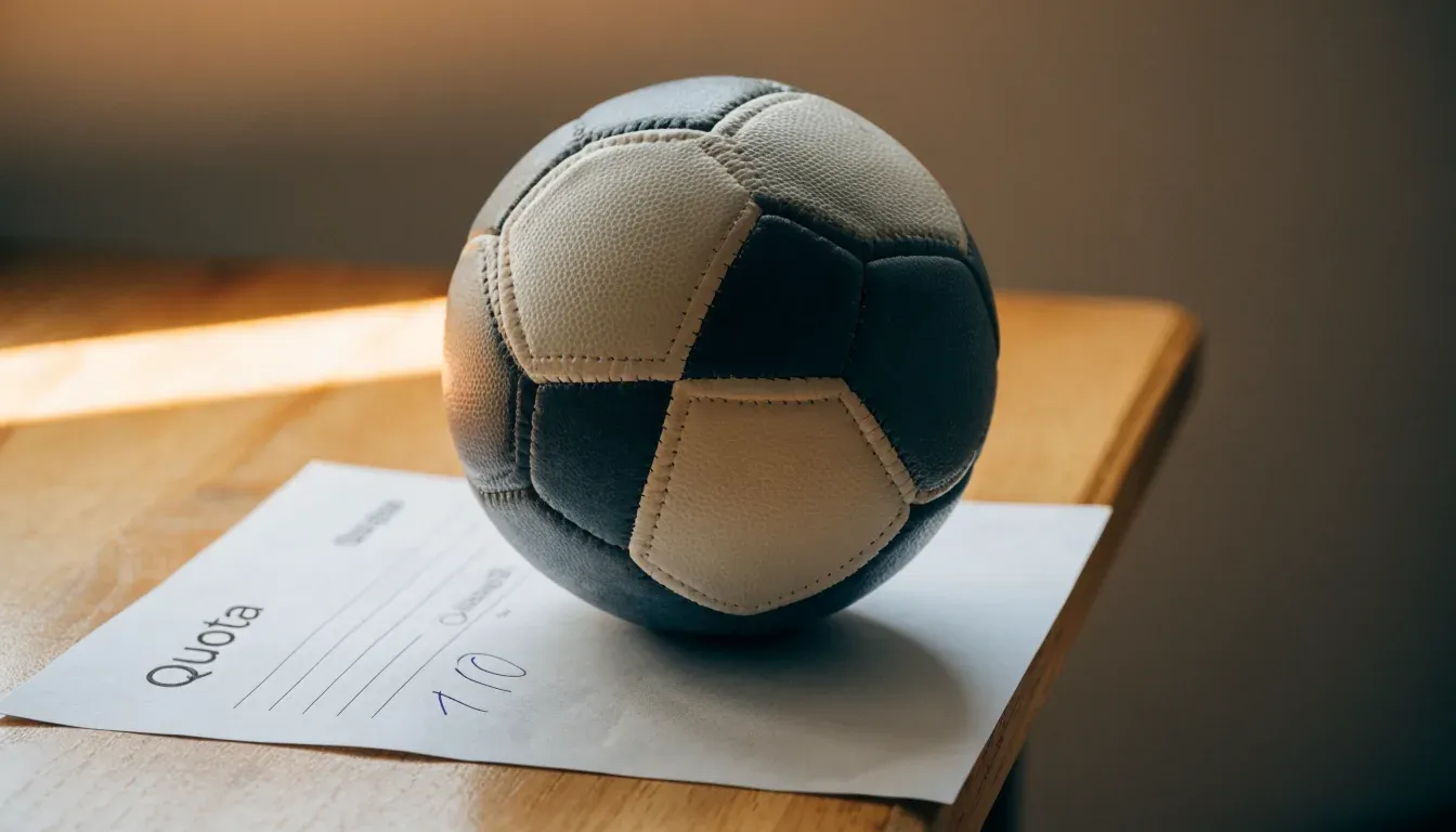 Un pallone da calcio appoggiato su una schedina bianca su un tavolo di legno, alla luce del giorno