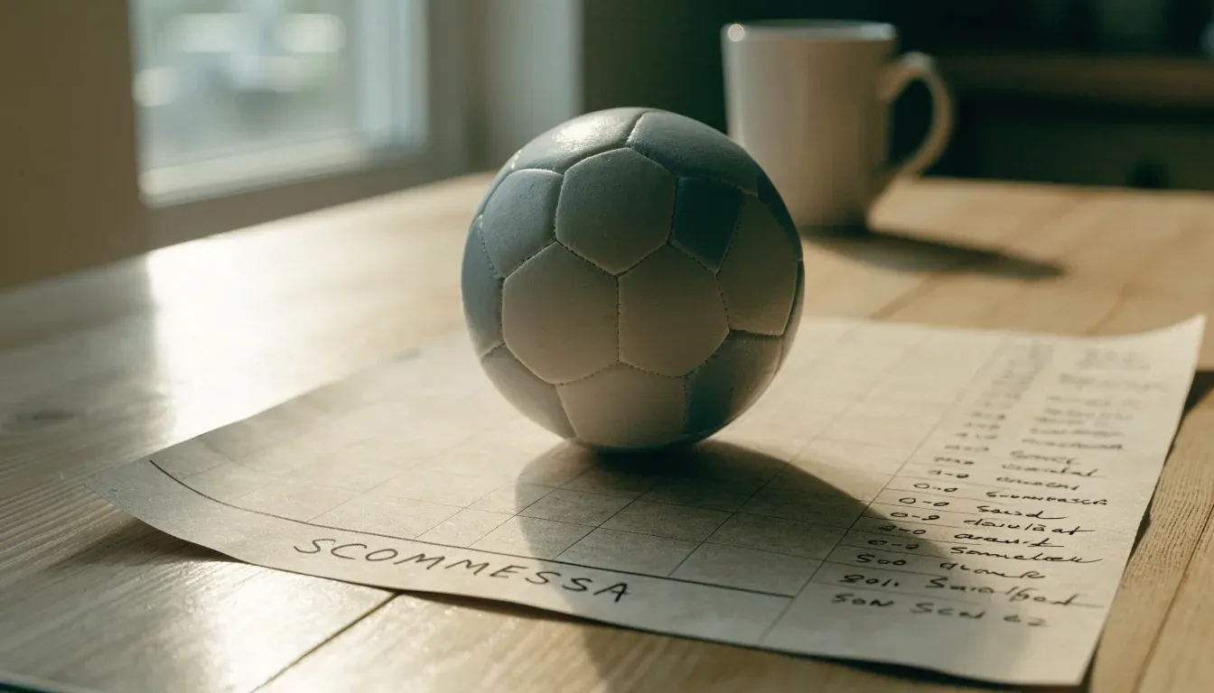 Un pallone da calcio appoggiato su una schedina bianca su un tavolo di legno, alla luce del giorno