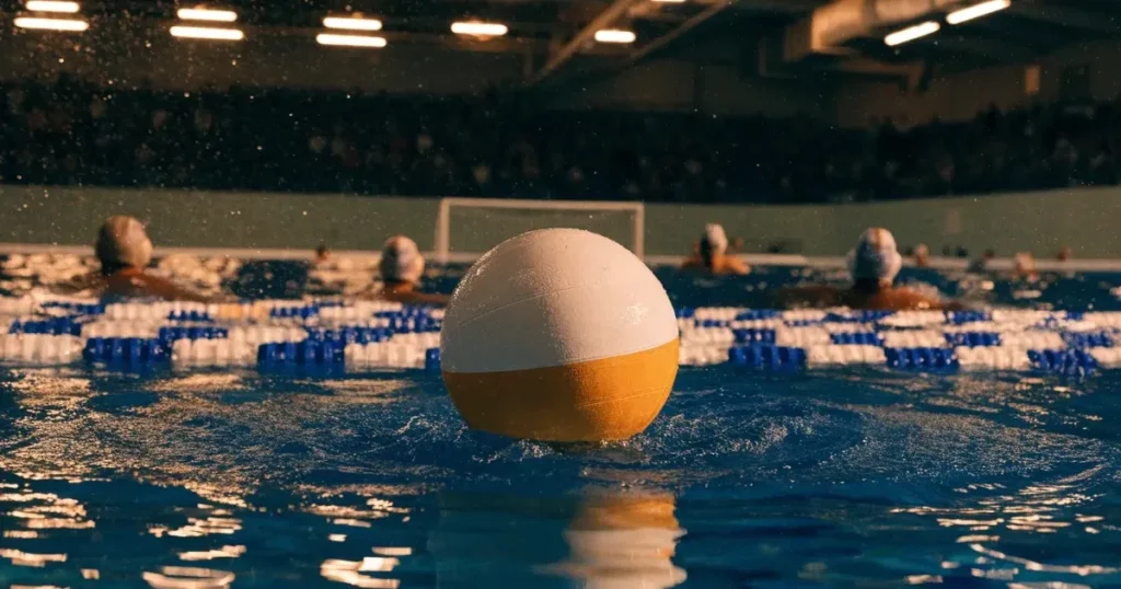 Un pallone da calcio sul dischetto del centrocampo di un prato, alla luce del mattino