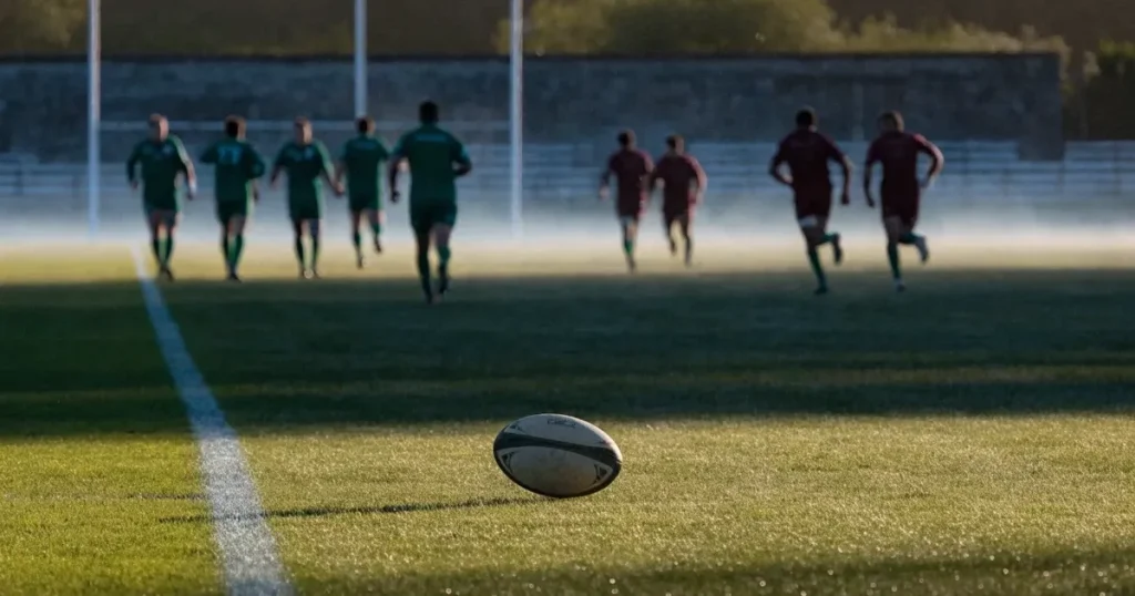 Un pallone da calcio sul dischetto del centrocampo di un prato, alla luce del mattino