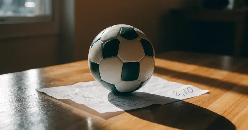 Un pallone da calcio appoggiato su una schedina bianca su un tavolo di legno, alla luce del giorno