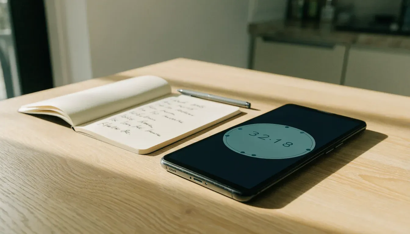 Un documento di identità appoggiato accanto a uno smartphone con un timer sullo schermo, su un tavolo da cucina
