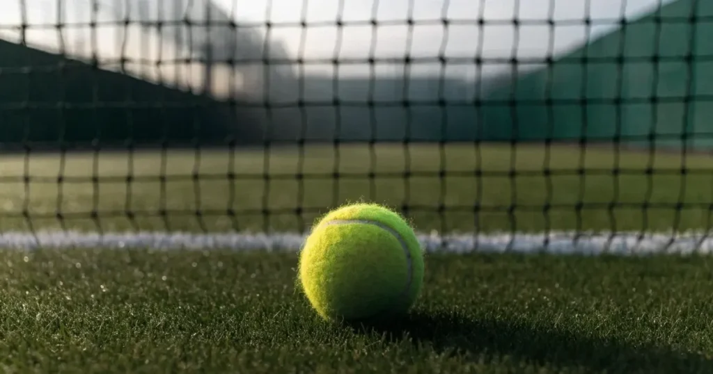 Un pallone da calcio sul dischetto del centrocampo di un prato, alla luce del mattino