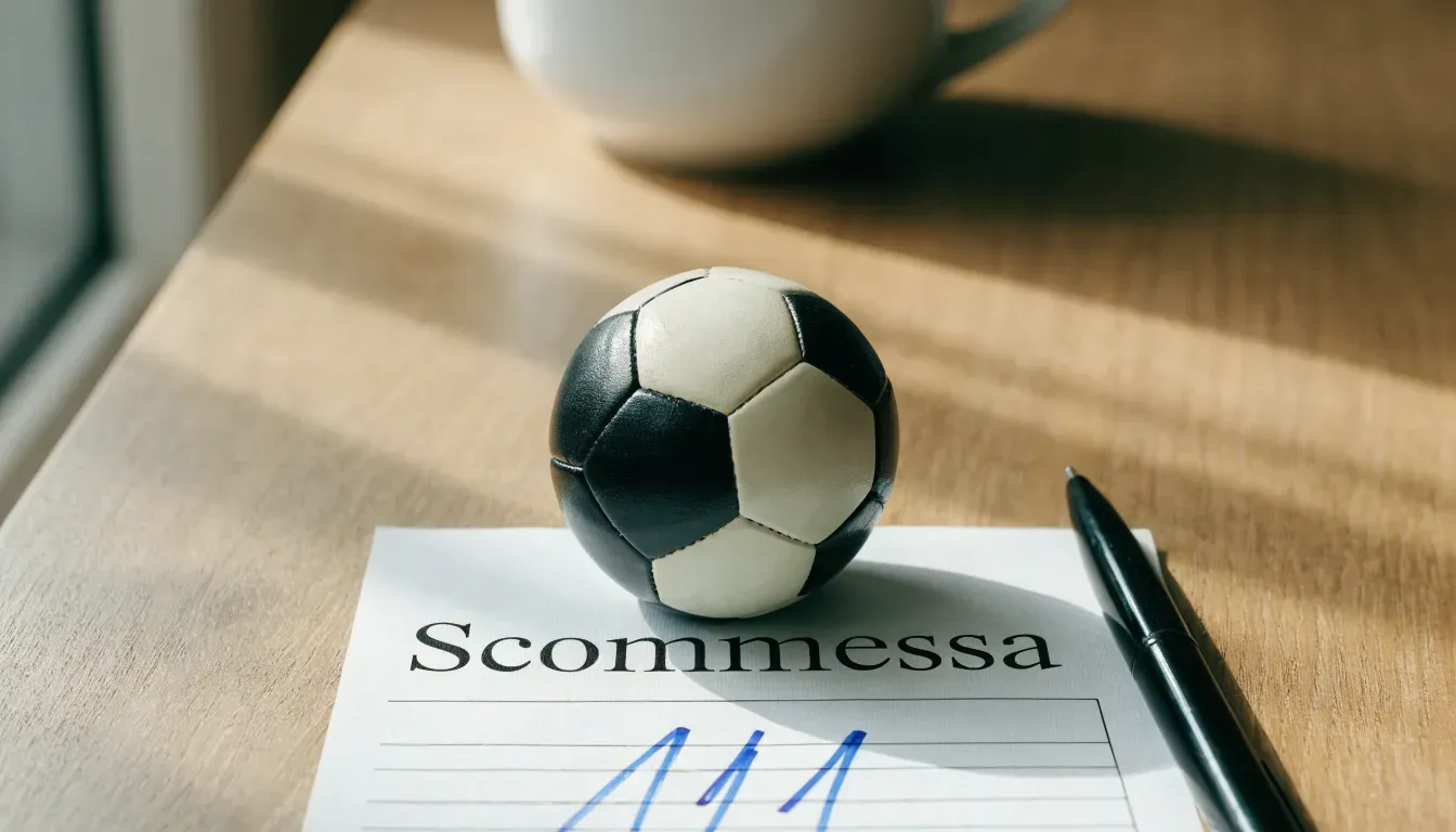 Un pallone da calcio appoggiato su una schedina bianca su un tavolo di legno, alla luce del giorno