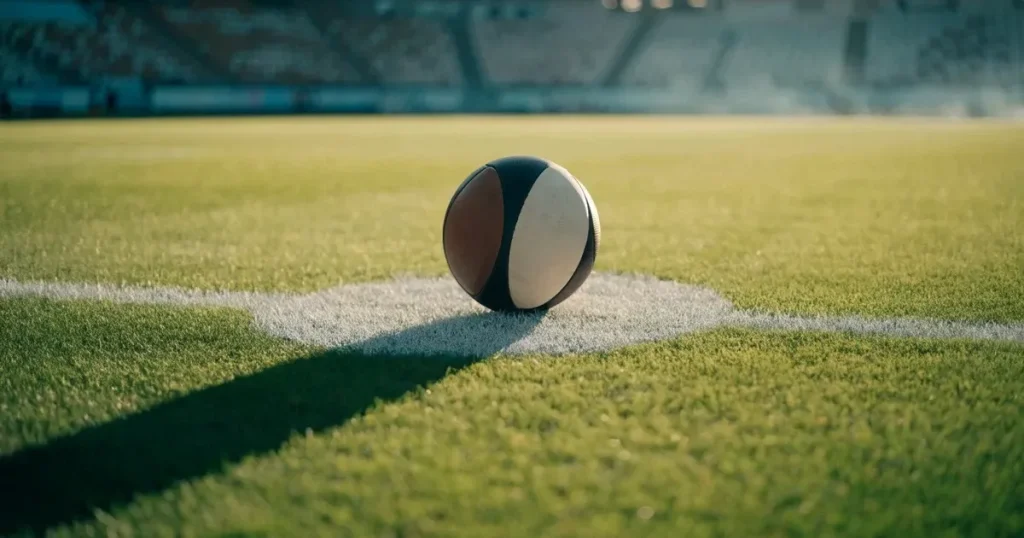 Un pallone da calcio sul dischetto del centrocampo di un prato, alla luce del mattino