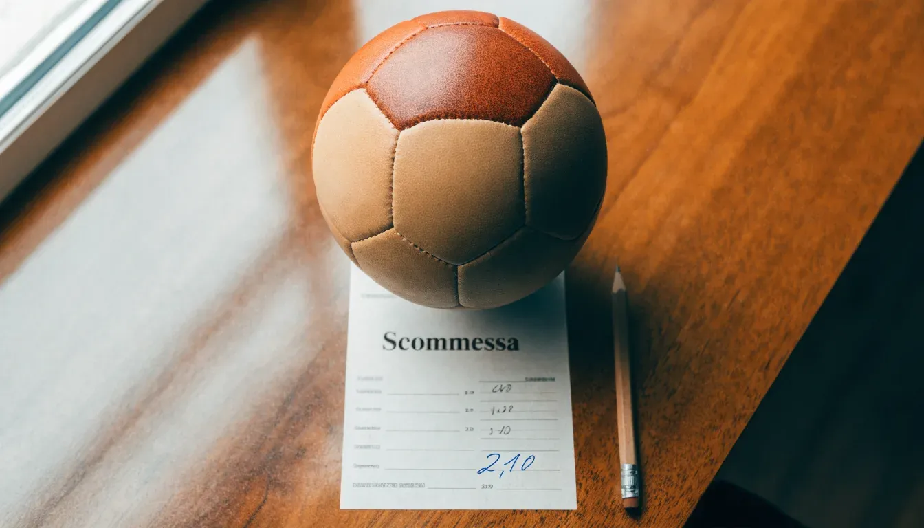 Un pallone da calcio appoggiato su una schedina bianca su un tavolo di legno, alla luce del giorno