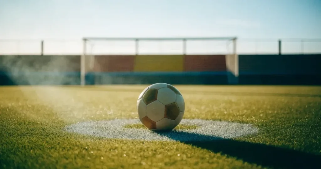 Un pallone da calcio sul dischetto del centrocampo di un prato, alla luce del mattino