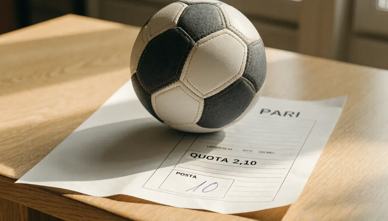 Un pallone da calcio appoggiato su una schedina bianca su un tavolo di legno, alla luce del giorno